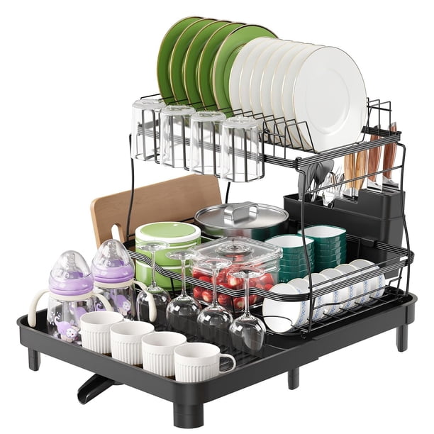 Escurridor de Platos y Trastes de Acero Inoxidable, Organizador Expandible de 2 Niveles para Fregadero de Cocina, con Drenaje de Válvula, Grande Negro