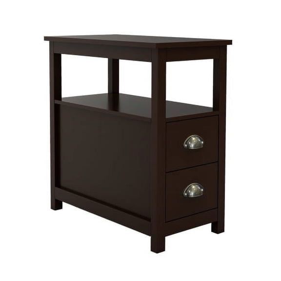 Narrow End Table - Nightstand with 2 Drawers & Open Shelf for Small Space, Brown