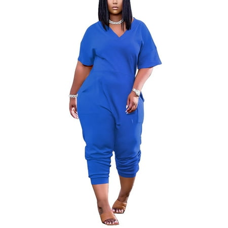 

Capreze Women Short Sleeve Jumpsuit Summer Casual Loose Rompers One Piece Pajamas Playsuit Bodysuit with Pockets Royal Blue S