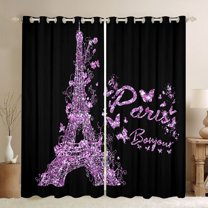 jejeloiu Purple Butterflies Print Curtains Pack of 2 (42x84 Each),3D Paris Eiffel Tower Curtains Blackout For Girls Teens