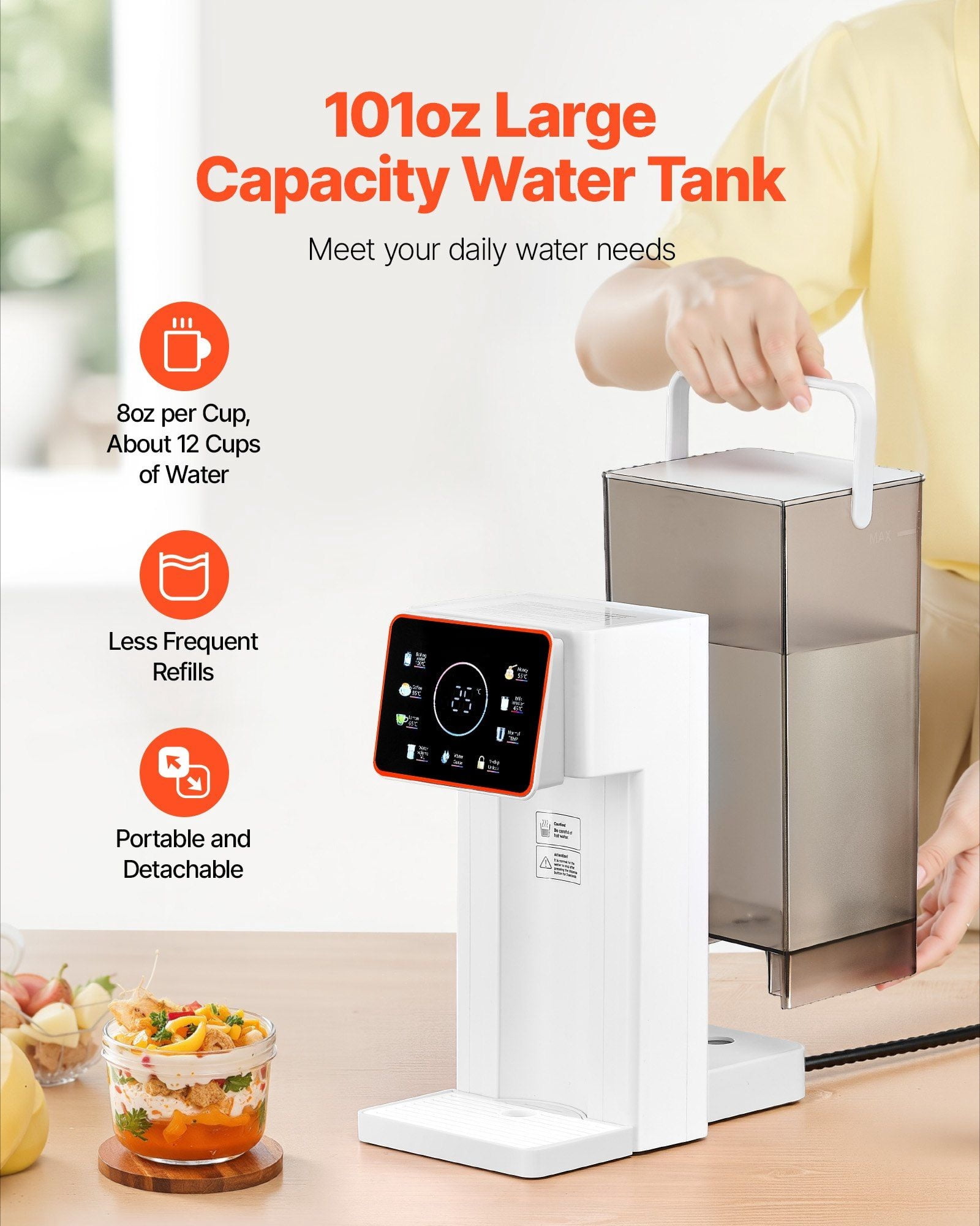 Countertop Hot Water Dispenser with 6 Adjustable Temps & 7 Volume Selections - 101oz Large Capacity