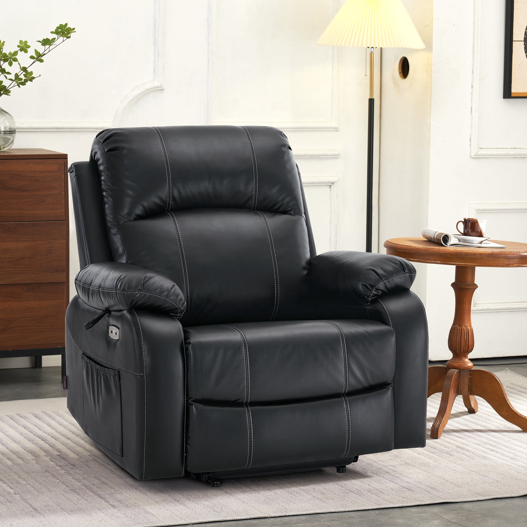 MCombo 27.2'' Extra Wide Seat Power Lift Recliner Chair with Massage and Heat for Short People, Faux Leather R7410 (Black, Wide)