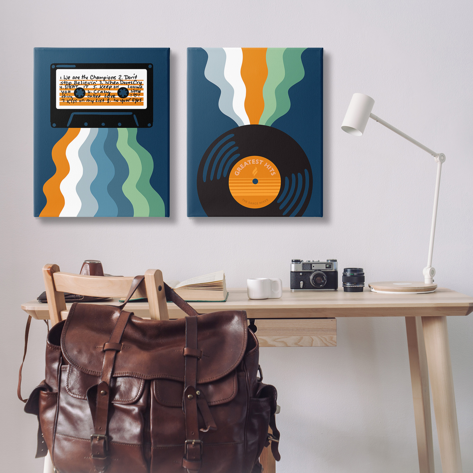 Stupell Industries Retro Music with Stripes Abstract Painting Gallery Wrapped Canvas Art Print Wall Art, 24 x 30, Set of 2