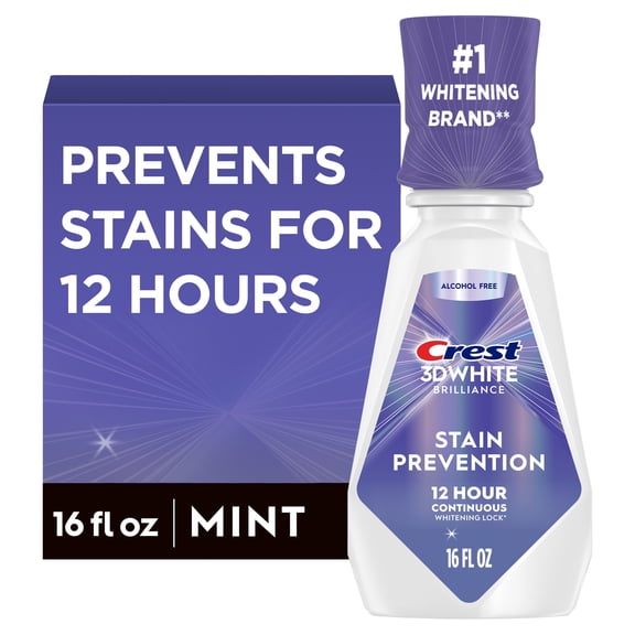 Crest Mouthwash 3D White Brilliance Stain Prevention, 12-Hour Stain Prevention, Whitening Teeth, Alcohol Free, Mint Flavor, 16 fl oz