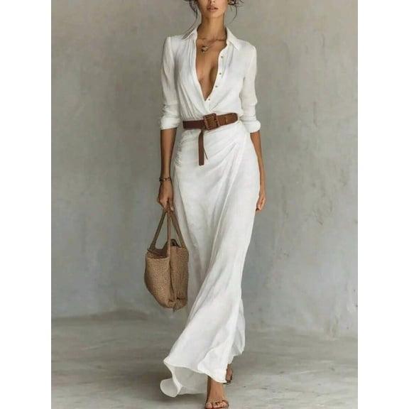 White Womens Long Shirt Dress With Belt - Elegant V-Neck Wrap Style Maxi Dress
