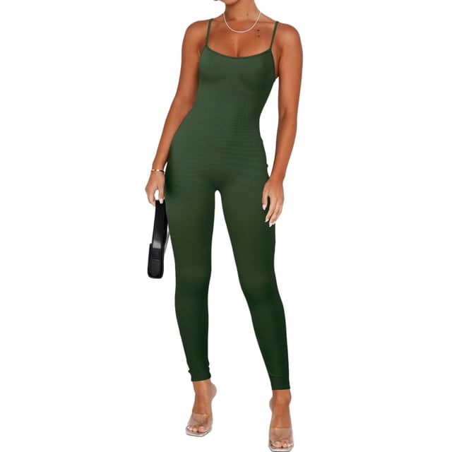 Bellella Combinaisons pour Femmes Col Rond Pantalons Longs Combinaison Extensible Décontractée Bretelles Spaghetti une Pièce Femmes 2831 Vert Armée S