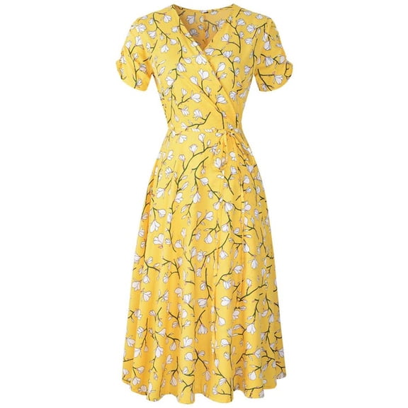 Larisalt Dresses With Pockets,Plus Size Dresses for Women Floral Maxi Dress Flowy Short Sleeve Yellow,XL