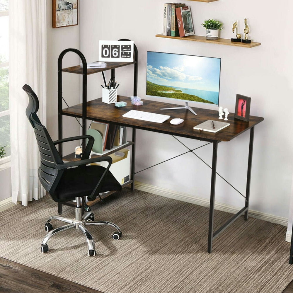 Demi Bonn 48" Reversible Computer Desk with Storage Shelf, Small Home Office Desk Study Writing Table, Rustic Brown