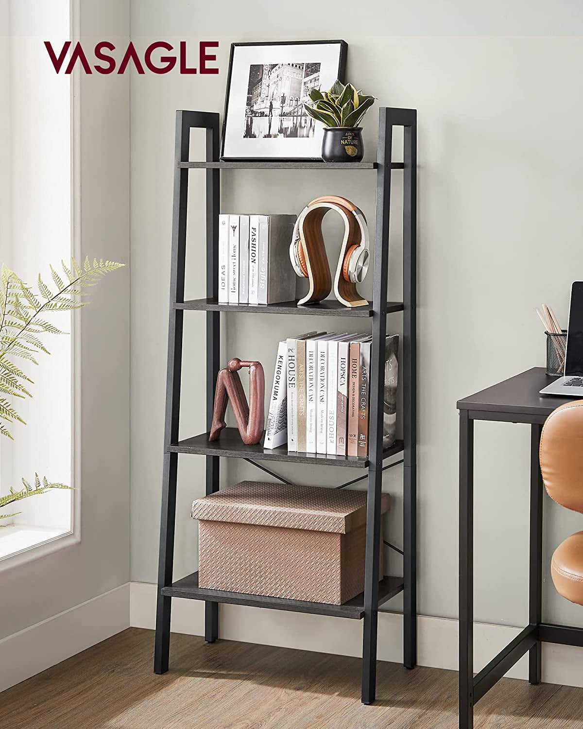 VASAGLE 4-Tier Ladder Shelf Ladder Bookshelf Bookcase Storage Rack with Steel Frame Charcoal Gray and Black