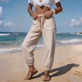 thumbnail image 5 of Womens Summer Striped Barrel Pants Comfy Drawstring Cropped Pant with Pockets Beach Vacation Elastic Waisted Trousers Beige L, 5 of 5