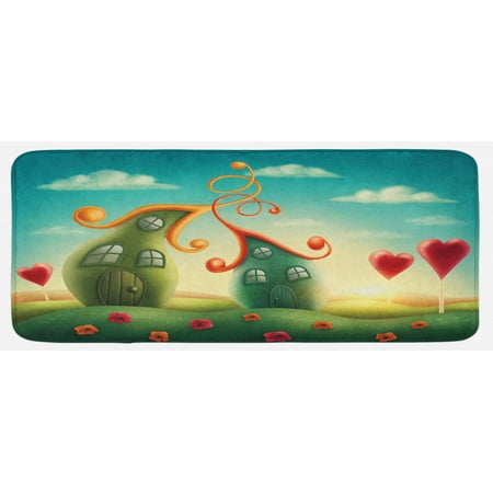 

Feminine Kitchen Mat Fantasy Houses in the Meadow Heart Shaped Trees in a Dreamy Countryside Print Plush Decorative Kitchen Mat with Non Slip Backing 47 X 19 Green and Red by Ambesonne