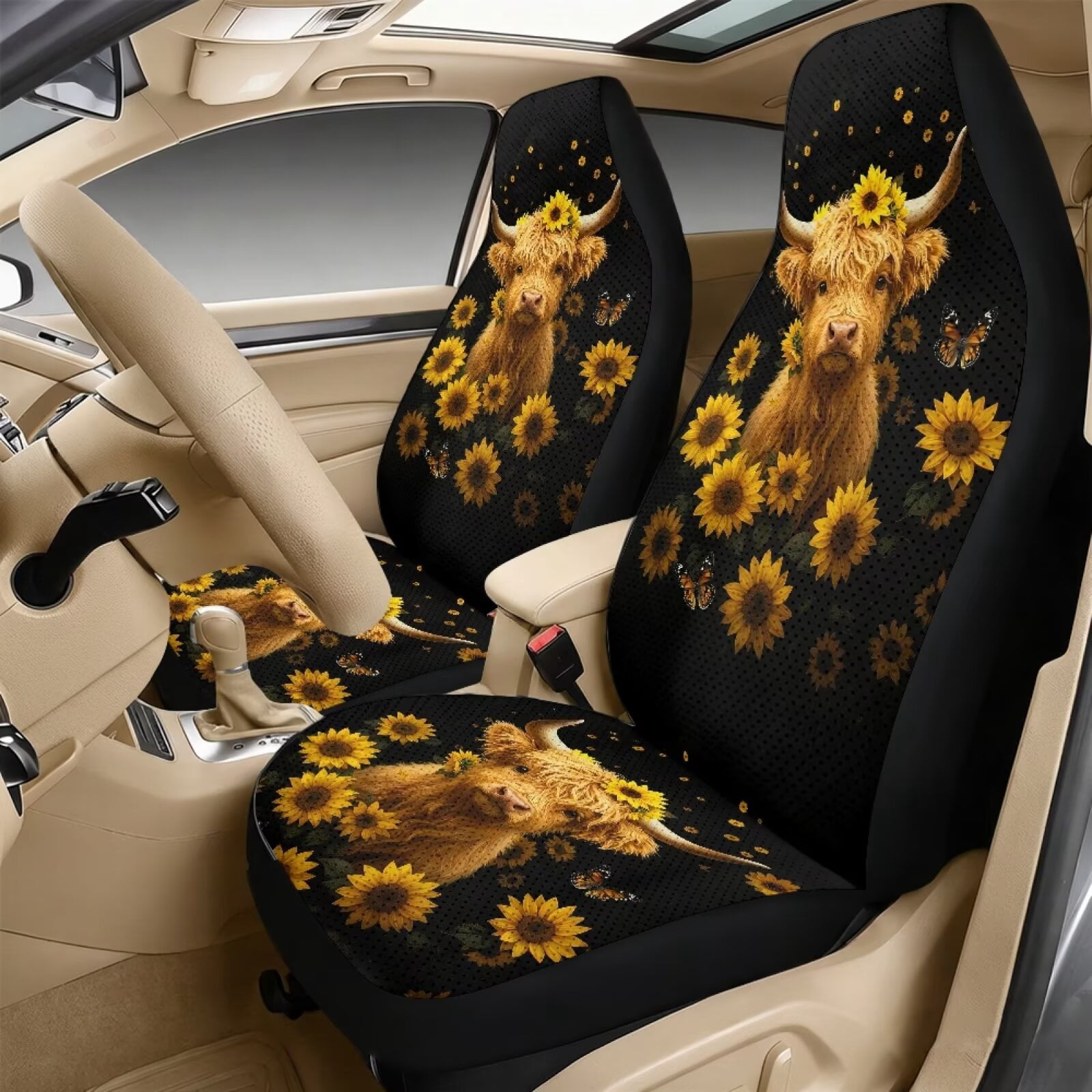 Xixirimido Leather Seat Cover Front Seats Only, Universal Fit Auto Front Seat Covers for Sedan Van SUV Truck 5 Pcs Set with Seatbelt Covers & Center Console Cover, Black Highland Cattle Sunflower