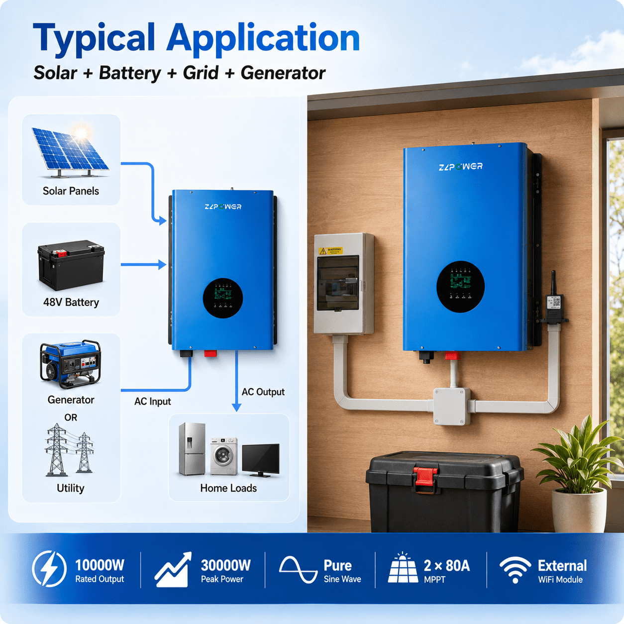 ZLPOWER 10KW Solar Inverter Charger , 48V DC to 120V/240V Split Phase , 30000W Peak Pure Sine Wave , UL1741 & ETL Certified | Built-in Dual 80A MPPT , WiFi Monitoring , Off-Grid Home Backup