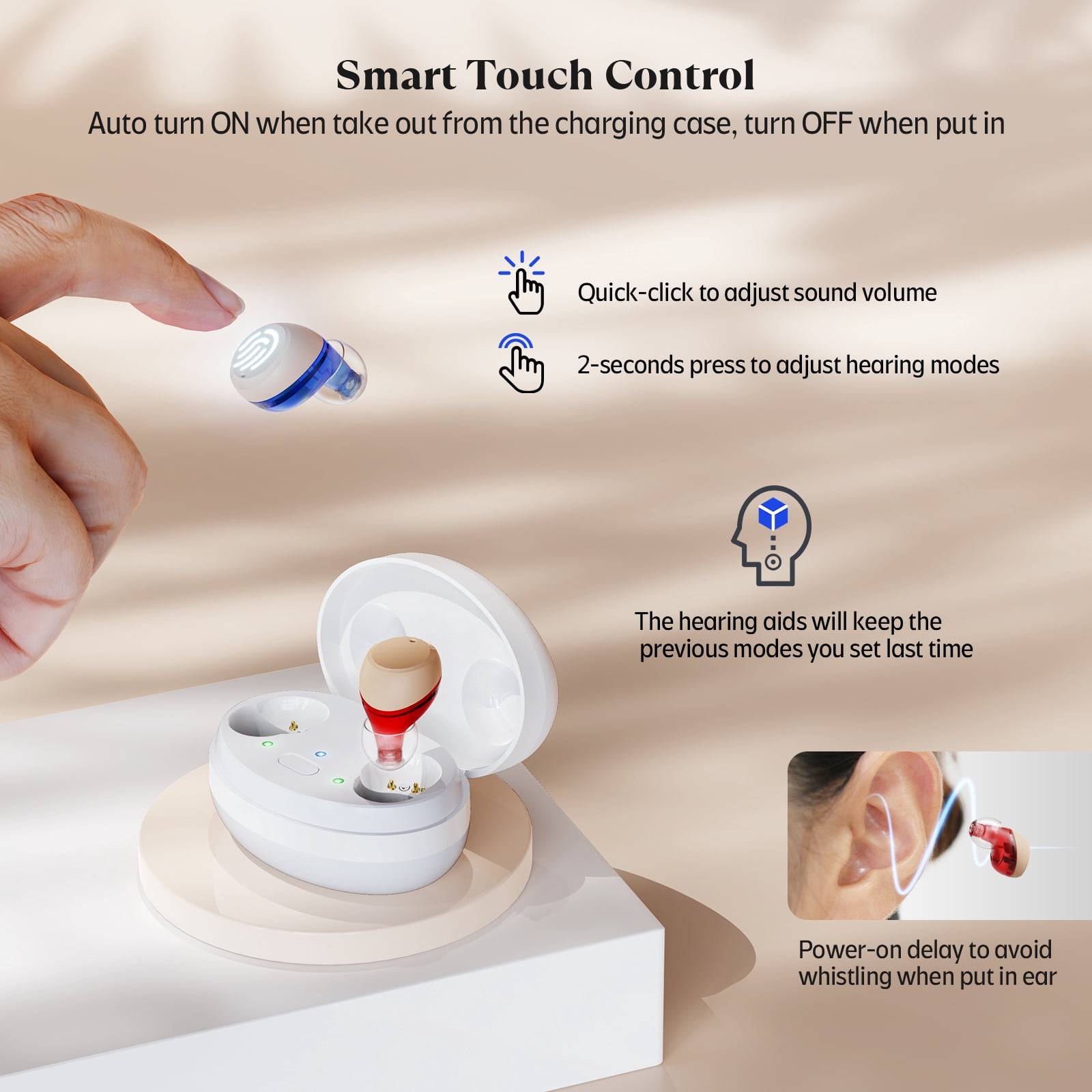 iBstone K21 Rechargeable hearing aids for Seniors Adults, 4 Programs for Experience, with Charging Case, Blue & Red, Pair