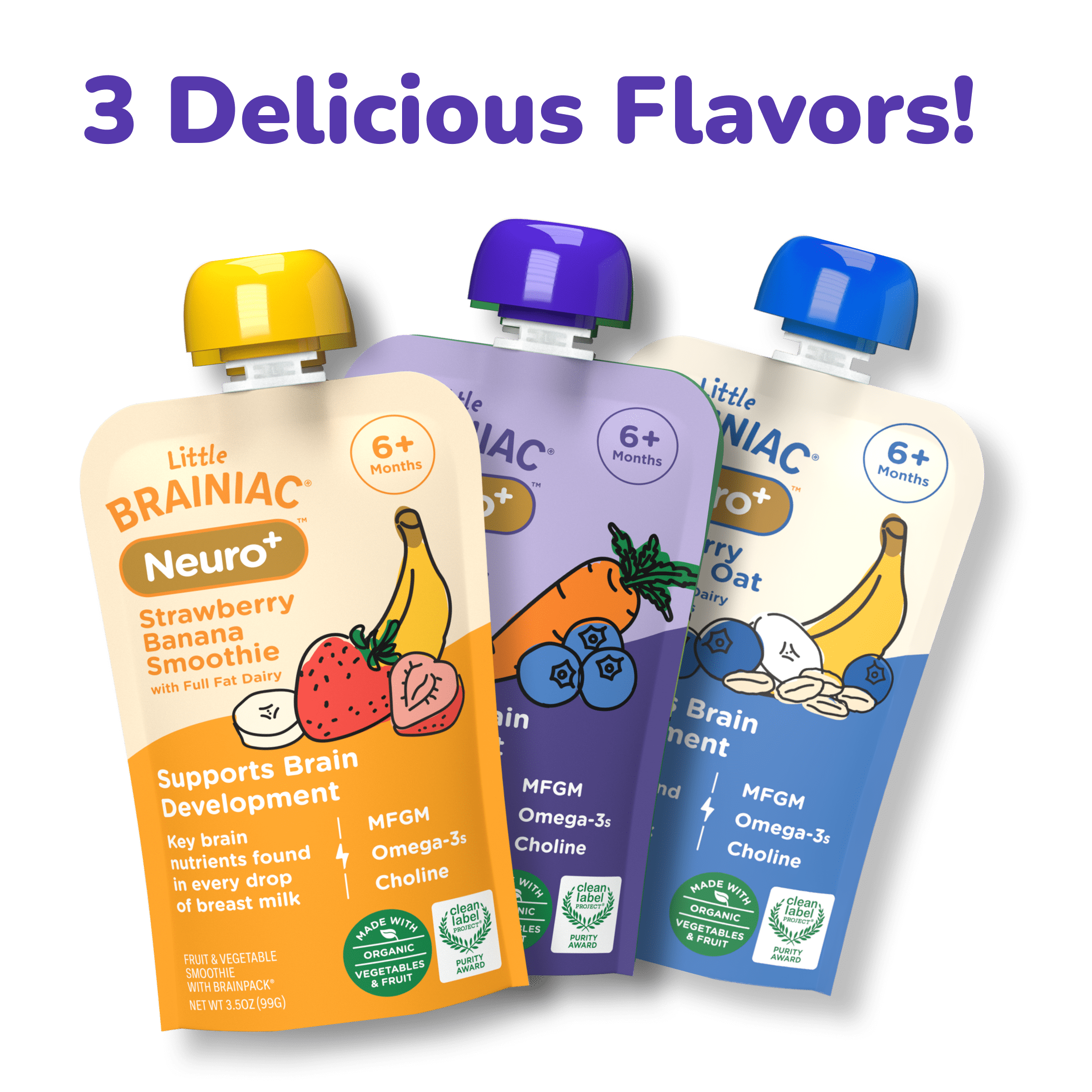 Little Brainiac Neuro+ Smoothie Baby Food Pouch with Omega-3s, Blueberry Carrot, 3.5oz, 6ct
