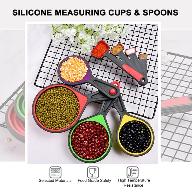 Tazas medidoras Cucharas Juego de tazas y cucharas medidoras de silicona plegables Herramienta de medición grabada de 8 piezas