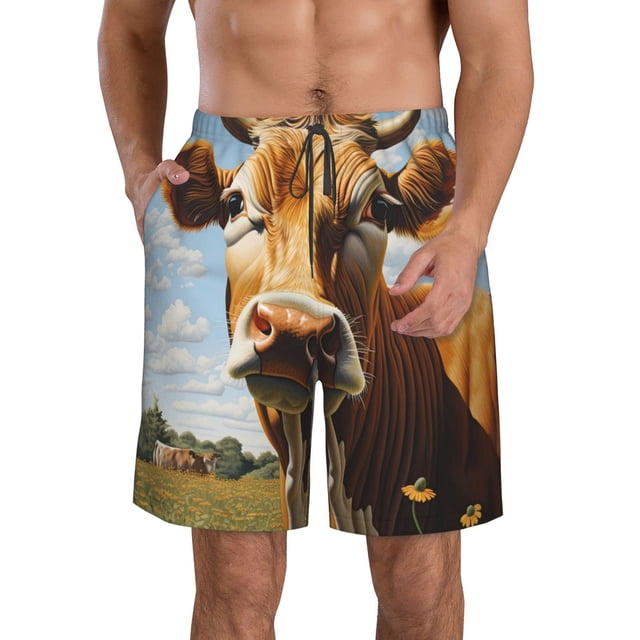 Fotbe Daisy Flower Field Cow Trajes de Baño Estampados para Hombre, Shorts de Verano de Secado Rápido, Ropa de Playa, Bañadores-3X-Large