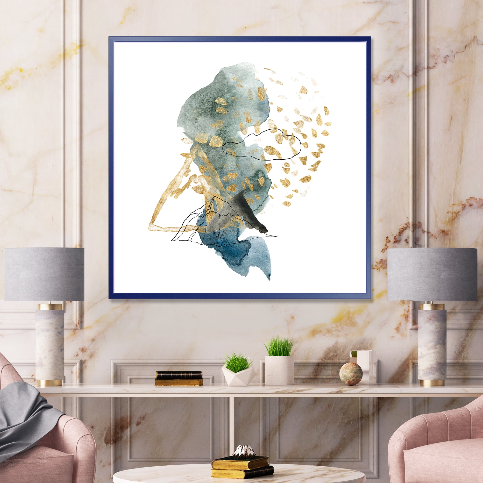 Designart 'Gold Strokes and Landscape of Dark Blue Mountains I' Modern Framed Canvas Wall Art Print