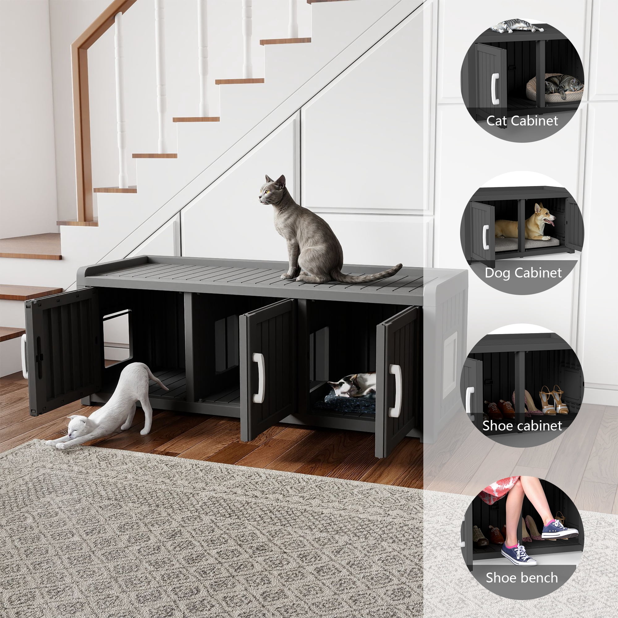 Decksplore Hidden Cat Litter Furniture (46.9"x17.6"x17.8"), HDPE Cat Cabinet, Three-Door, Cat Litter Box Storage for Bedroom, Courtyard (Black)