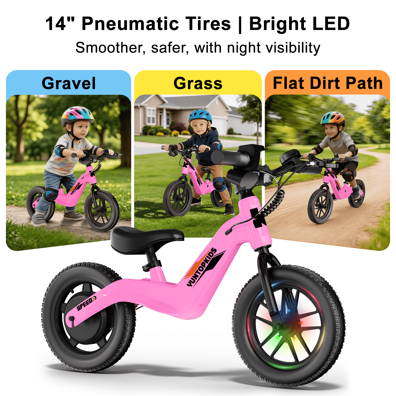 YunTopKids Electric Bike for Kids, 180W Motor Electric Balance Bike with 14 Inch Pneumatic Tires, up to 9.3MPH& 3 Speed Settings, Adjustable Seat for Ages 3-6,Pink