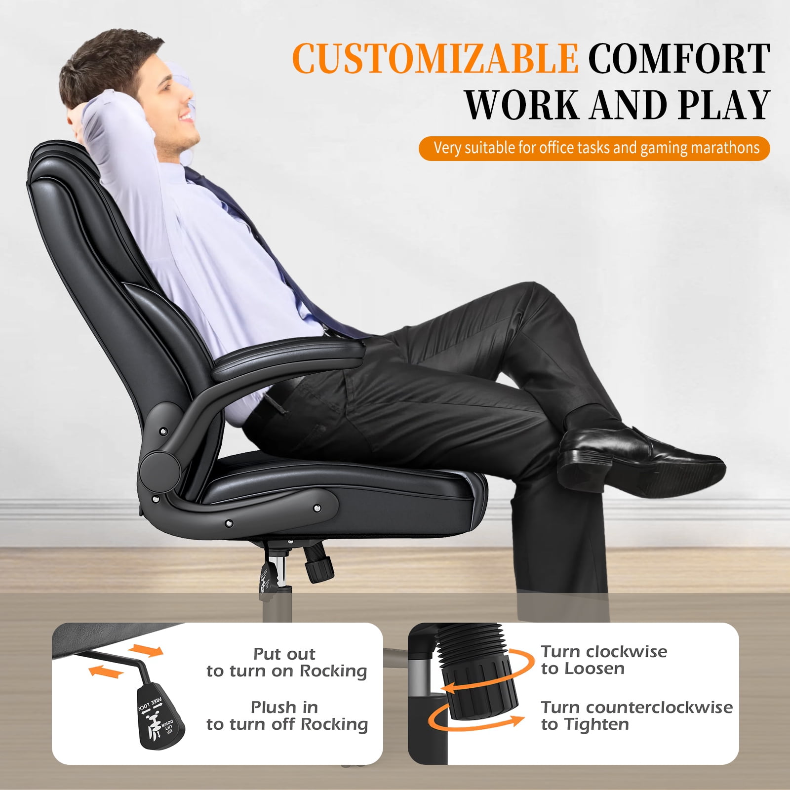 YERAIRR  Leather Office Chair  Big and Tall Wide Seat Task Chair Ergonomic Computer Desk Chair High Back, Adjustable Armrests, Thick Seat Cushion Black