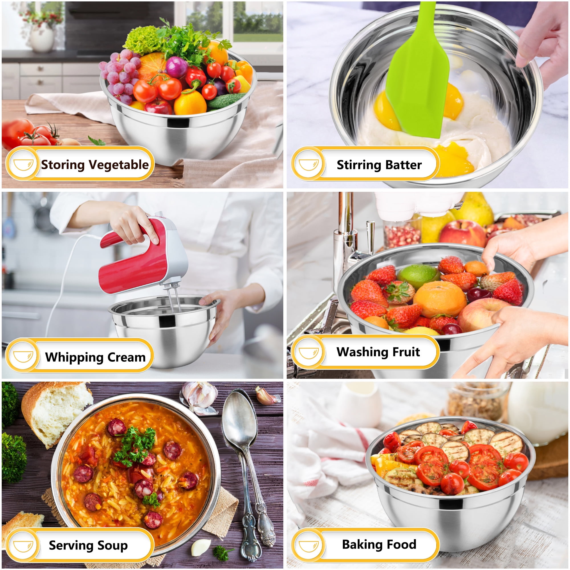 Walchoice Stainless Steel Mixing Bowls with Lids Set of 7, Metal Bowls with Airtight Lids & 16 Pieces Kitchen Accessories for Cooking Baking Serving - 7/4.6/2.6/2/1.5/1/0.7 QT, Colorful