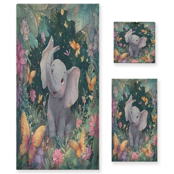3 Piece Bath Towels Set Bath Towel, Hand Towel and Face Towel for Bathroom, Gym, Hotel Cute Elephant