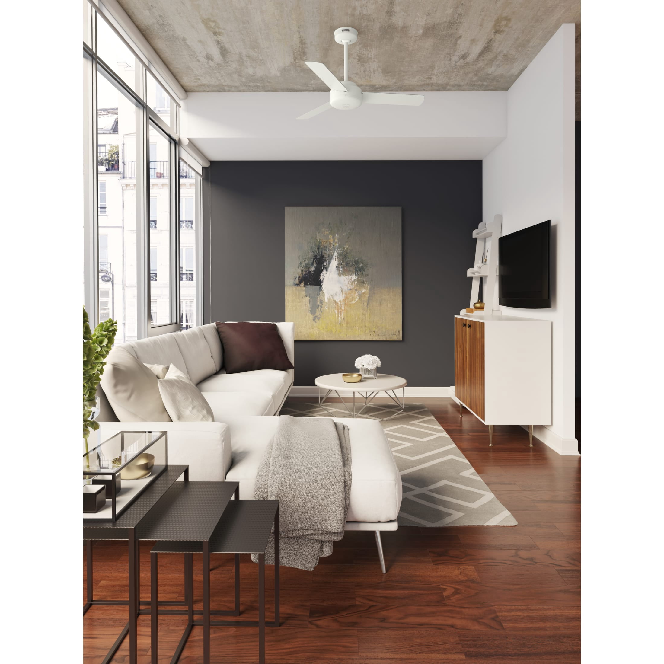 Hunter 44 inch Indoor Ceiling Fan No Light - White Modern Ceiling Fan without Light, 3 Blades, Standard Mount, For Bedroom, Living Room, or Kitchen, Wall Control - Presto 51848, Matte White