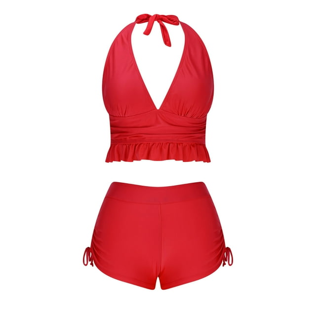 Trajes de baño Amzcrzy Tankini para mujer, trajes de baño de bikini para mujer, trajes de baño sólidos de dos piezas, trajes de baño de vendaje, trajes de baño negros con cuello redondo, rojo, XL