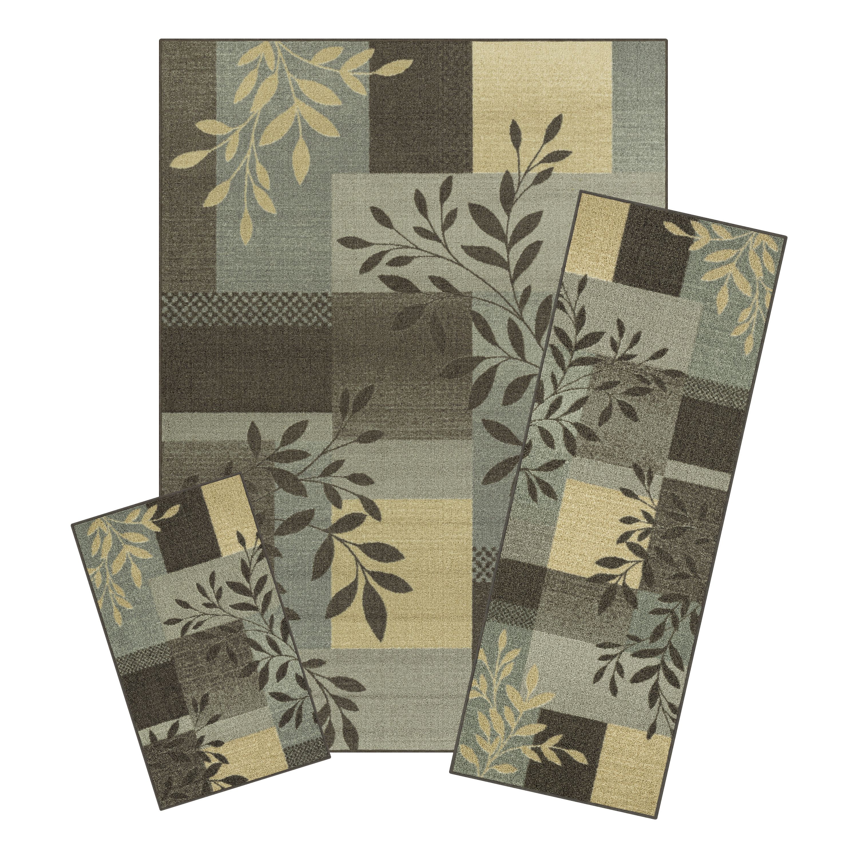 Mainstays Leaf Block Indoor Living Room Area Rug Set, Gray, 3Piece