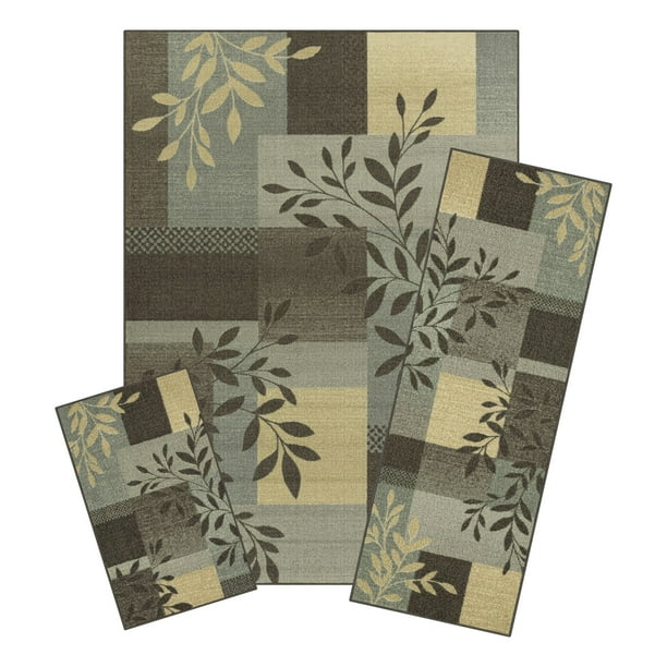 Mainstays Leaf Block Indoor Living Room Area Rug Set, Gray, 3Piece