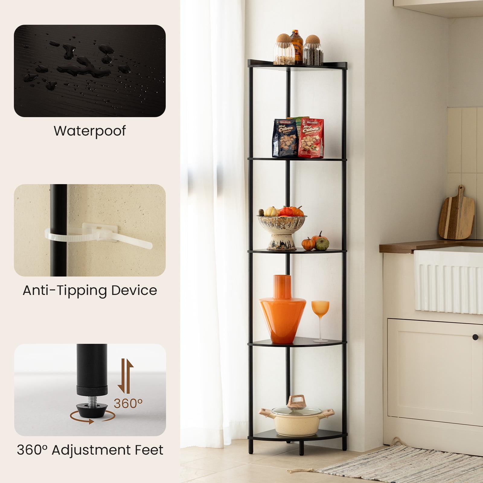 Corner Shelf Stand, 5-Tier Corner Shelves, 65" Wall Corner Bookshelf, Display Shelf Tall Shelf Plant Stand for Bedroom, Bathroom, Living Room, Black