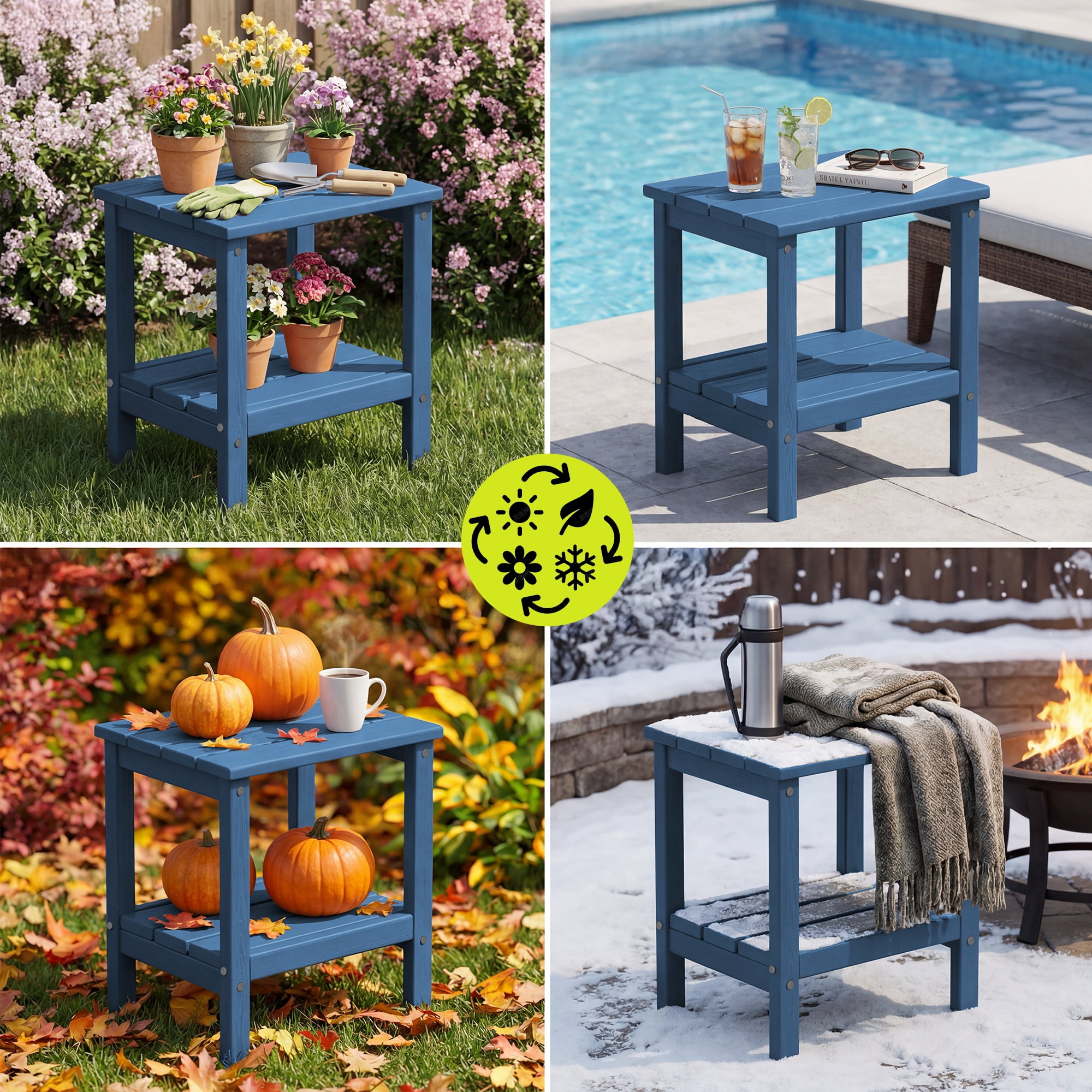 FUNDAZE HDPE 2-Layer End Table for Living Room, Outdoor Side Table, Patio Small End Table, Navy Blue