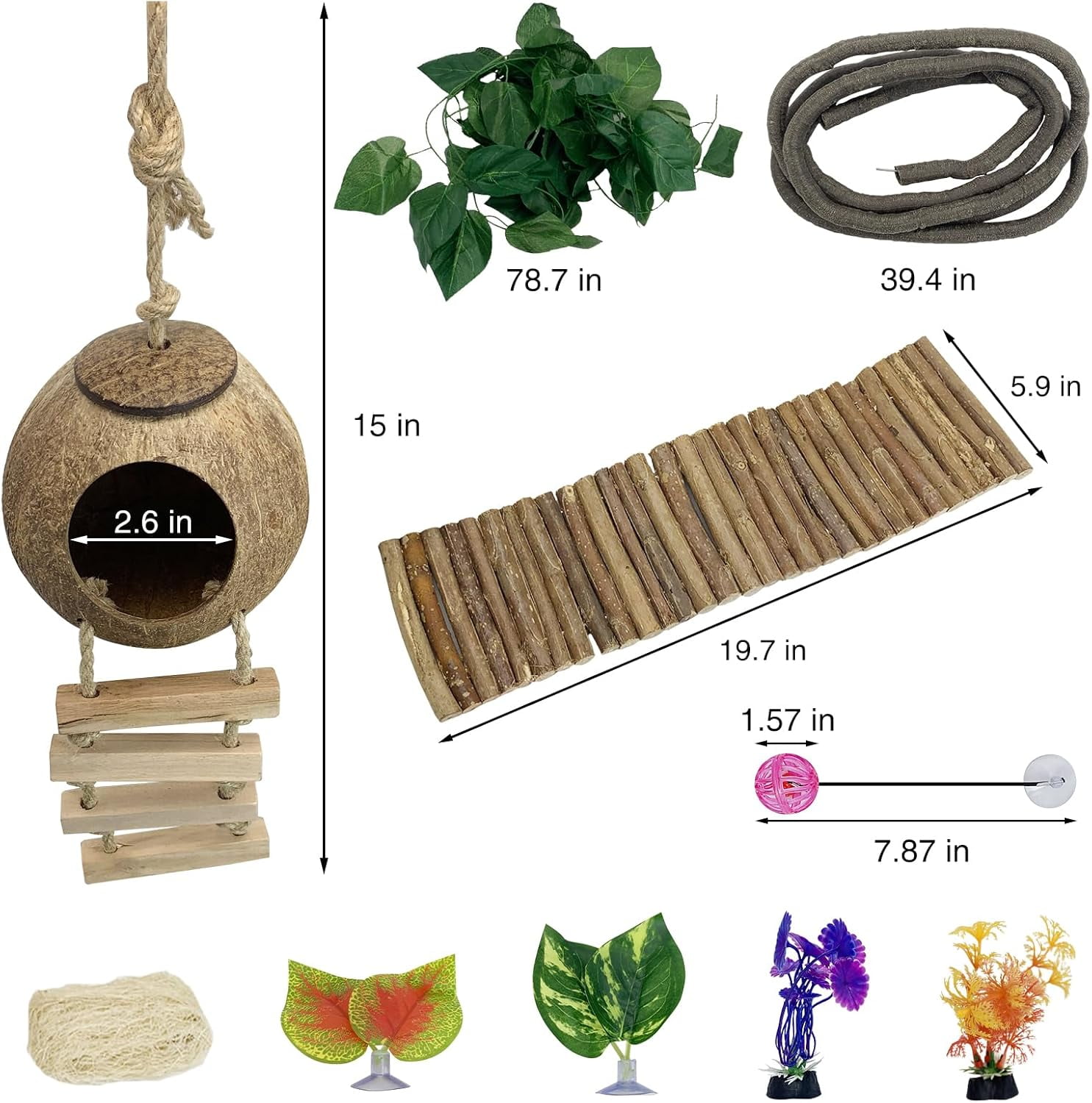 Leopard Gecko Tank Accessories, Reptile Vines Plants with Coconut Shell Ladder Hideout Hut Decor for Bearded Dragon Lizard Chameleon Tortoise Snake