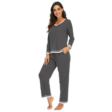 

Women Long Sleeve Sleepwear V-neck Tops with Long Pants Soft Loungewear Pj Set S-XXL