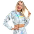 thumbnail image 5 of IBTOM CASTLE Women's Shiny Crop Top Hoodie Metallic Rave Casual Long Sleeve Hooded Pullover Workout Sweatshirt Disco Dance Clubwear XXL Holographic Silver, 5 of 8
