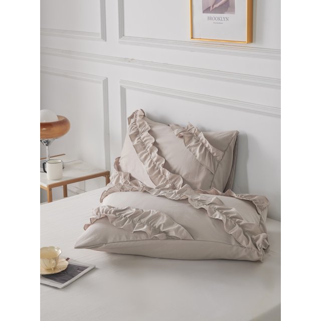 Move Over Taupe Ruffled Pillowcases King, Boho Chic Pillow Cover Set of 2, Washed Microfiber Ruffles Pillow Case