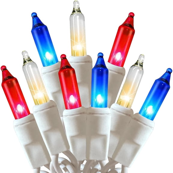 Patriotic Mini String Lights, 100 Count, 21 Ft, Red White Blue Bulbs, White Wire, Indoor Outdoor, UL Certified, For 4th Of July Holiday Party Christmas Decor
