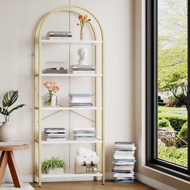 5 Tier Bookshelf, Arched Metal Frame Bookcase with Wood Shelf, Tall Standing Storage Rack