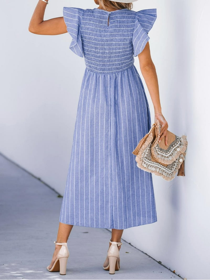 CUPSHE Women's Summer Beach Striped Smocked Ruffled Sleeve A-Line Maxi Dress  - Walmart.com