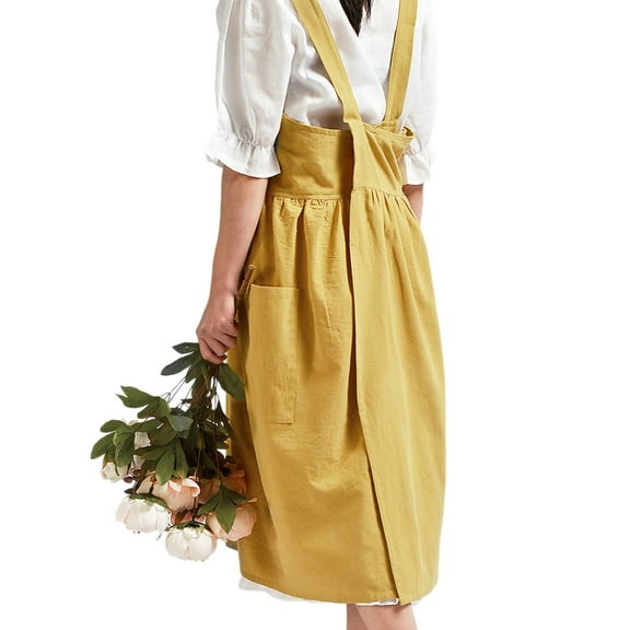 Women’s Pinafore Dress Apron Baking Cooking Gardening Works Back Apron Cotton/Linen Apron Dress with 2 Pocket