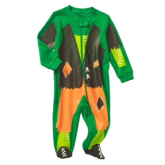 Infant Boys Green & Orange Frankenstein Sleeper Baby Halloween Pajamas PJS NB