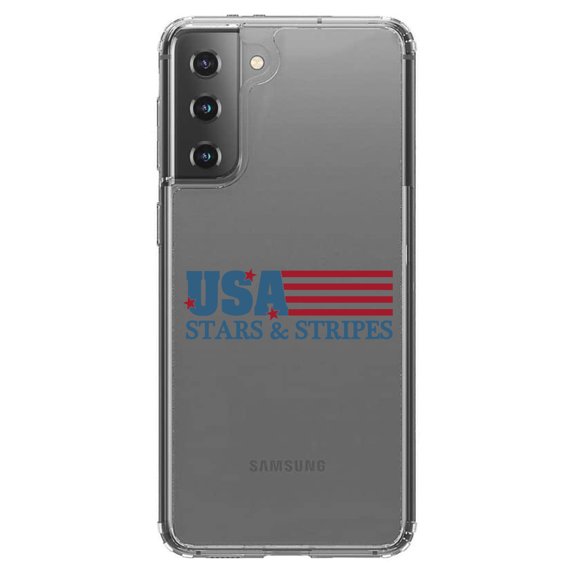 DistinctInk Clear Shockproof Hybrid Case for Galaxy S21 5G (6.2" Screen) - TPU Bumper Acrylic Back Tempered Glass Screen Protector - USA Flag Stars & Stripes