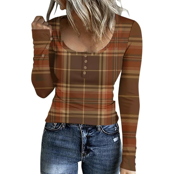 Stichou Winter Shirts for Women Henley Plaid Slim Fit Long Sleeve Comfy Tops Casual Button Tee Trendy Clothes Brown M