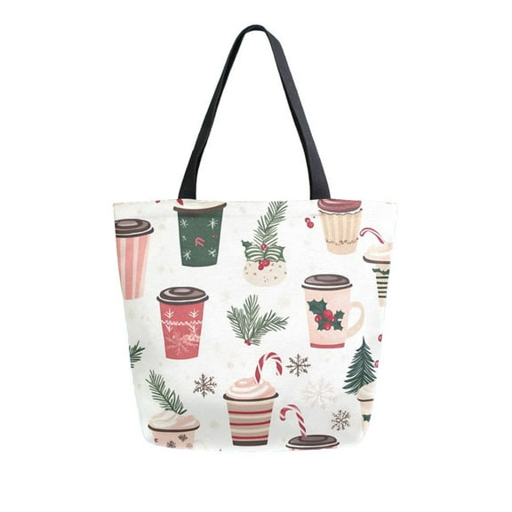FORMRS Womens Canvas Tote Bag with Zipper Inner Pocket Shoulder Handbag, Christmas Cups