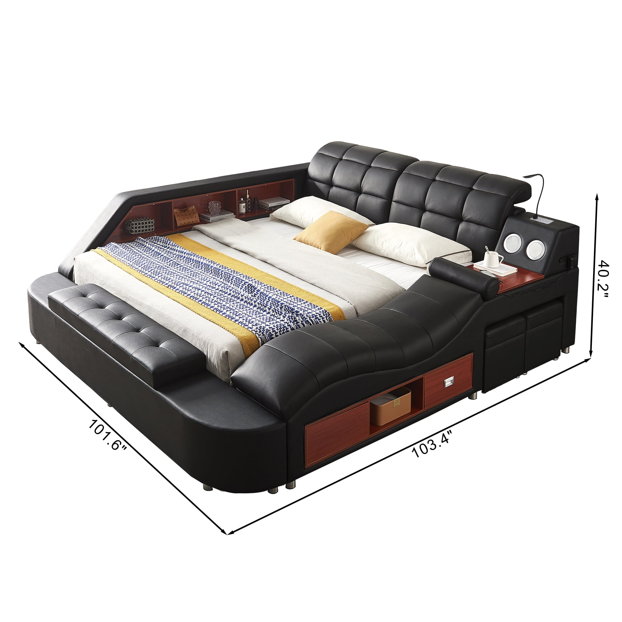 Smart King Bed Frame, Multifunction Upholstered Storage Bed with Right-Side Massage Recliner, Bluetooth Speaker, USB Charging Port, Leather Adjustable Headboard