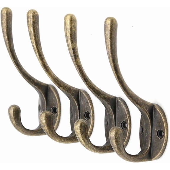 ABCISI 4 PCs Antique Brass Wall Hooks – Vintage Dual Prong Wall Mounted Hooks - Rustic Hangers for Coats, Bags, Towels, Hats, Height 3.9-in (10 cm)