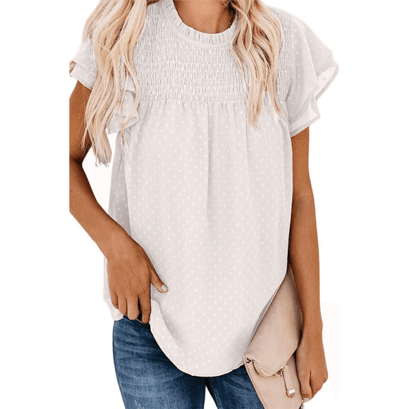 Women Crewneck Lace Crochet Pom Flowy Short Sleeve Casual Shirts Blouses Tops White L