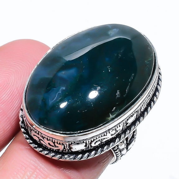 Natural Moss Agate Gemstone Handmade 925 Sterling Silver Ring Size 7