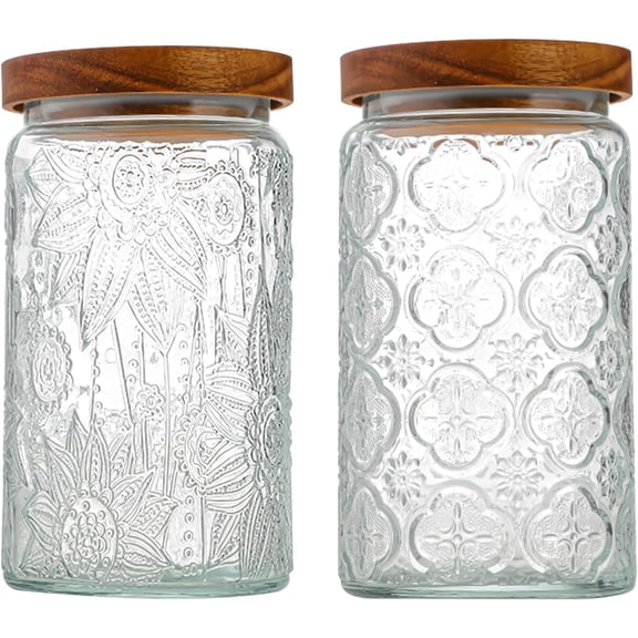 LKYICNHY Vintage Glass Storage Jars, 34oz/2 Pack Airtight Canisters with Wooden Lids, Embossed Glass Containers for Kitchen, Pantry, Sugar, Coffee, Tea, Flour, Cookies